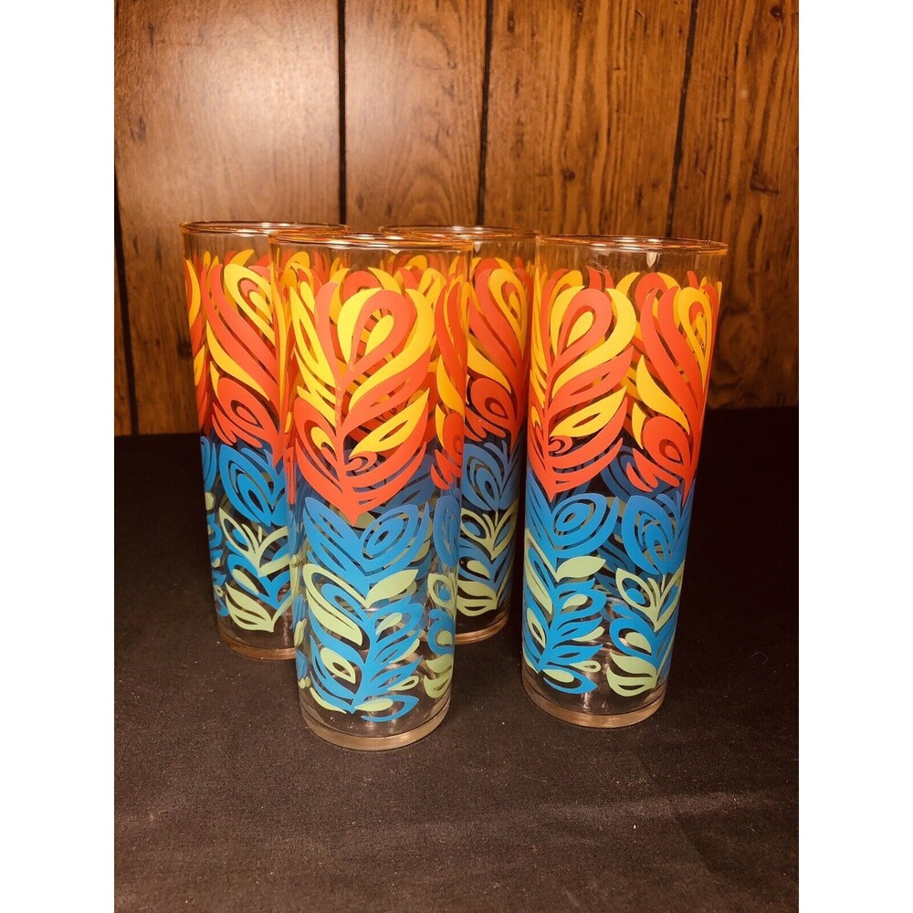 Highball Art Deco Glasses Set Of 4 Blue Green Yellow Orange Feather